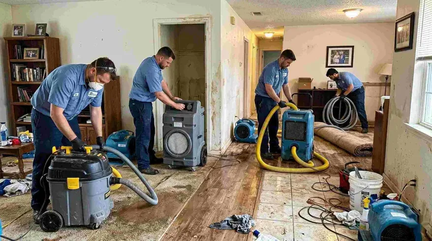 Technicians at work beside drying equipment on a water damage job
