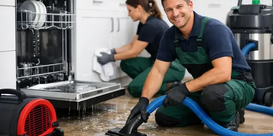 Two technicians extracting water from a kitchen floor next to an open dishwasher