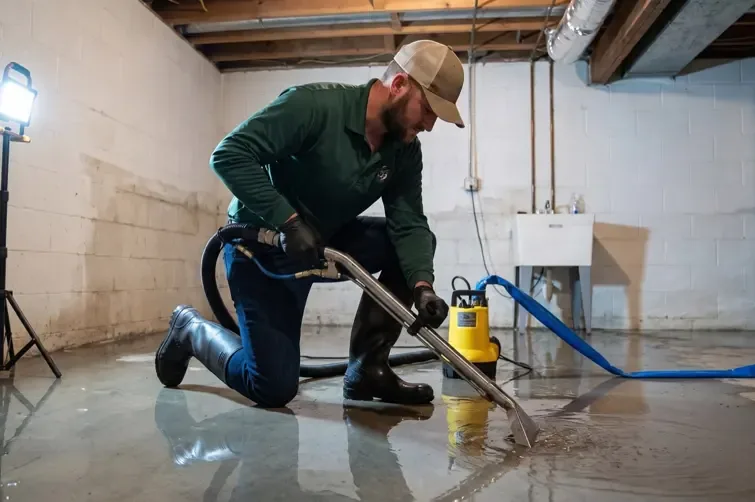 A restoration crew pulling standing water off a floor with extraction equipment during a residential water loss