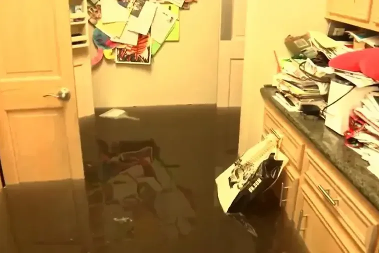 Flood water and floating debris covering the floor of a home kitchen after a heavy storm