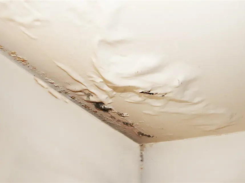 A drywall ceiling sagging and stained from a water leak above