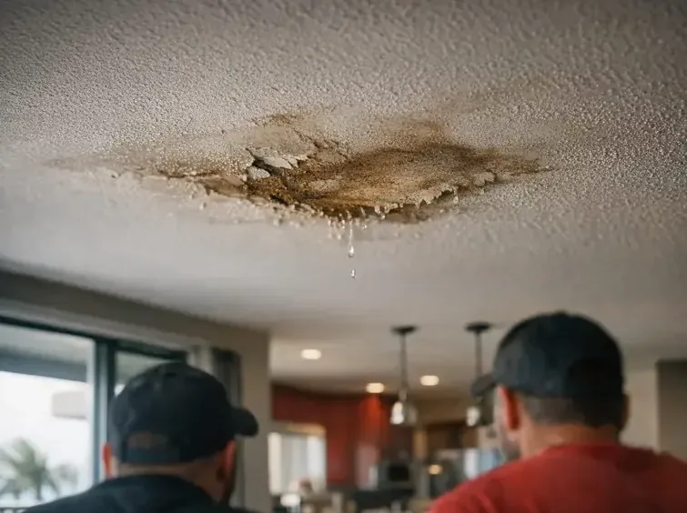 Two residents looking up at a water-stained ceiling where a leak came through