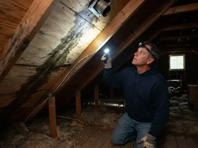 A technician with a headlamp checking water-stained roof decking from the attic