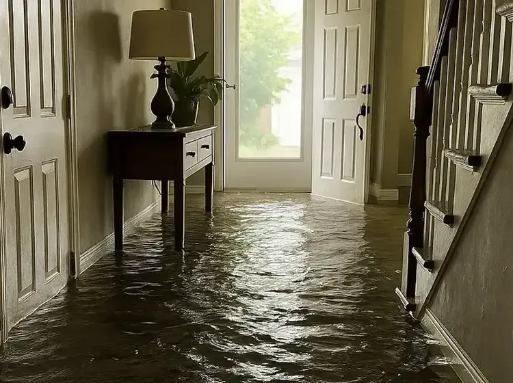 Storm water covering the front hall floor at the foot of a staircase