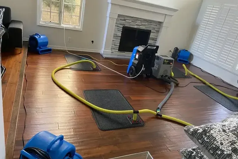 An extraction hose and an air mover working on a soaked living-room floor